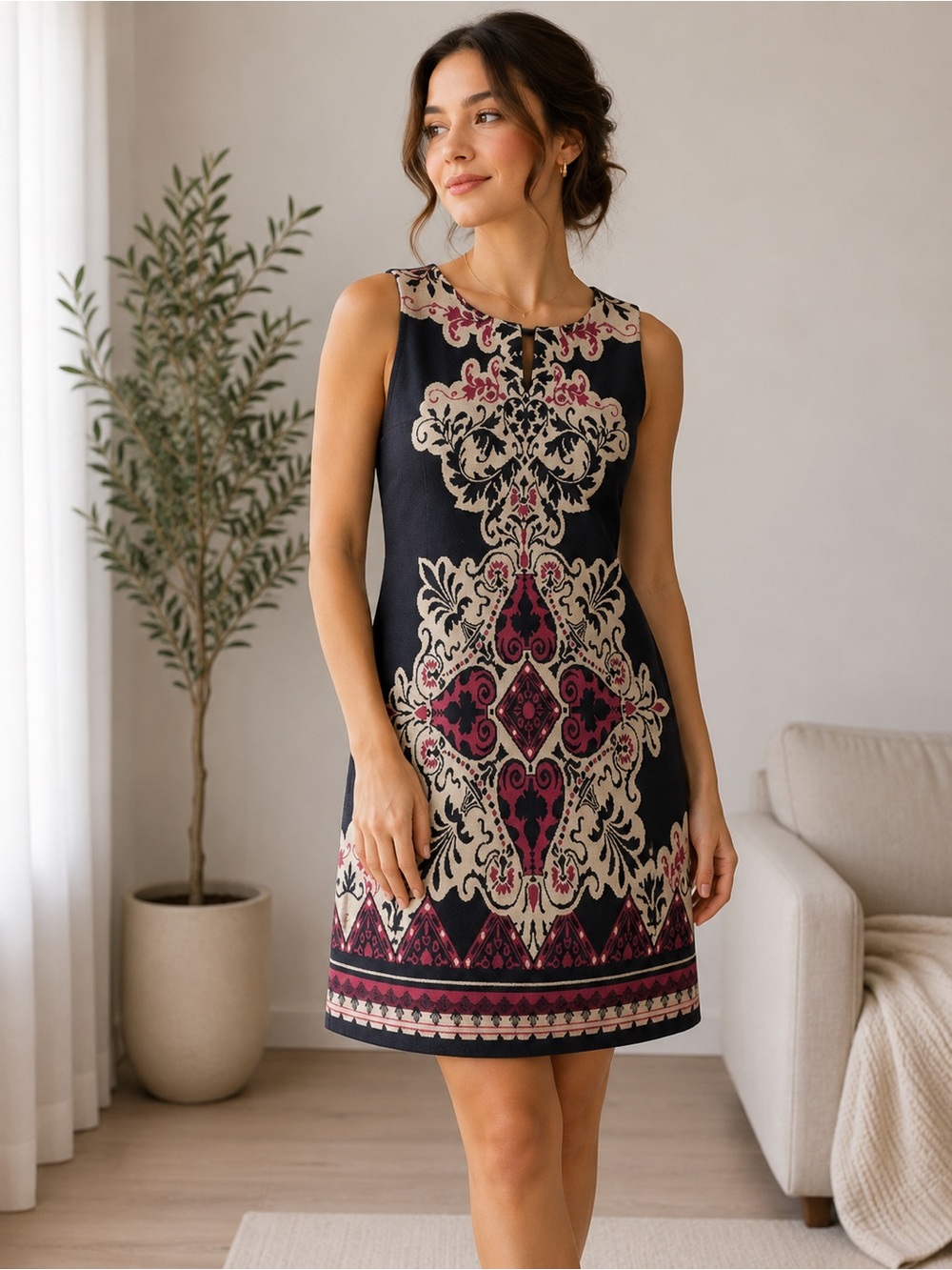 🇮🇹 Made in Italy Medallion Print Sleeveless Shift Dress M/L | Pink Cream Black